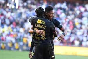 Gamphani Lunga of Orlando Pirates celebrates his goal with Yanela Mbuthuma of Orlando Pirates during the MTN8, Semi Final - 2nd Leg match between Orlando Pirates and Sekhukhune United at Orlando Amstel Arena on August 29, 2026 in Johannesburg, South Africa. (Photo by Lefty Shivambu/Gallo Images)