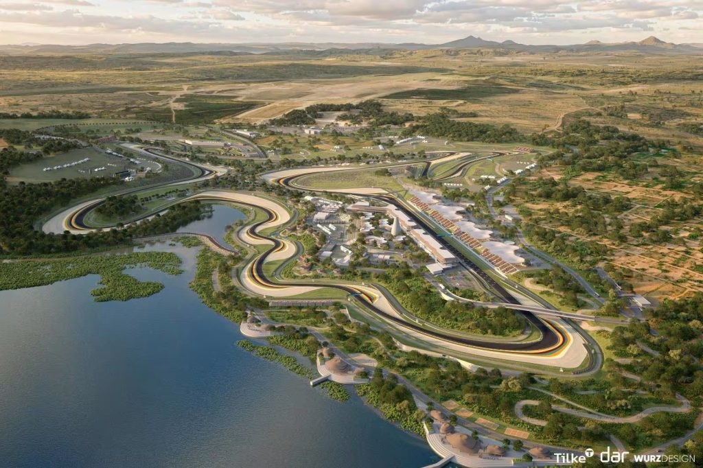 An artist’s impression of how the planned circuit in Bugesera could look, with the track running alongside a lake and grandstands lining the main straight. The track will be built to FIA Grade 1 standard.
