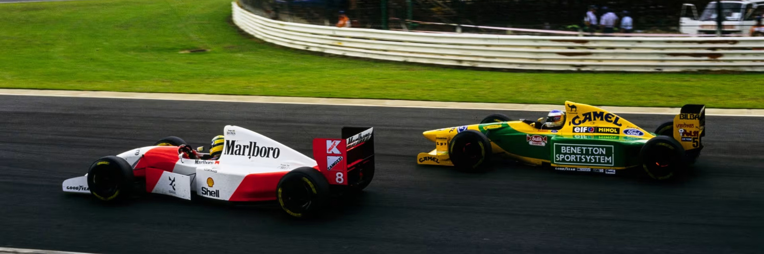 A McLaren and a Benetton battle at Kyalami, near Johannesburg, during the 1993 South African Grand Prix, the last Formula 1 race held in Africa.