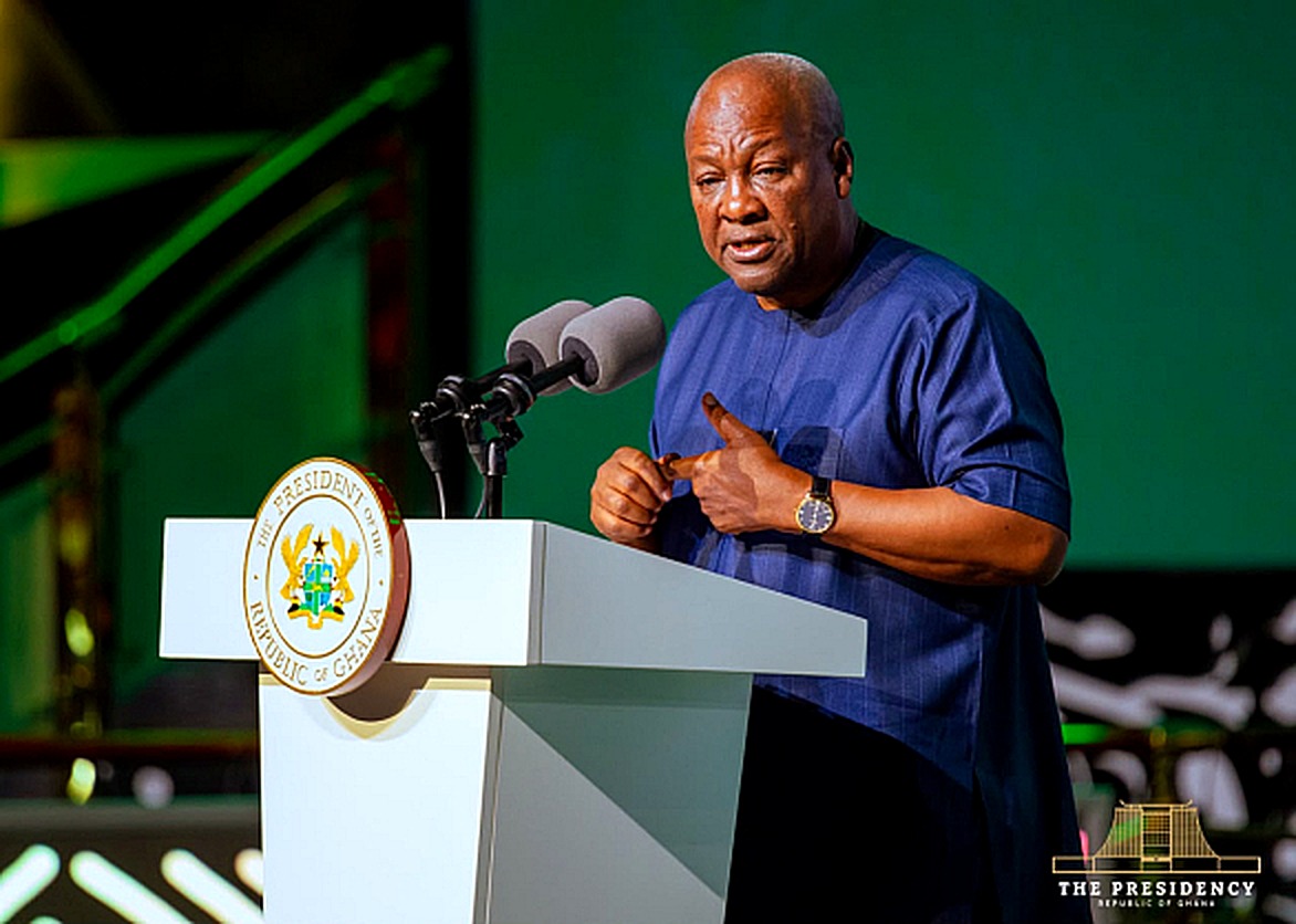 President John Dramani Mahama delivers the keynote address at the opening of the second Mining in Motion Summit in Accra on Monday, 19 October 2026, where he set a 2030 deadline to end Ghana’s exports of unprocessed mineral ores.
