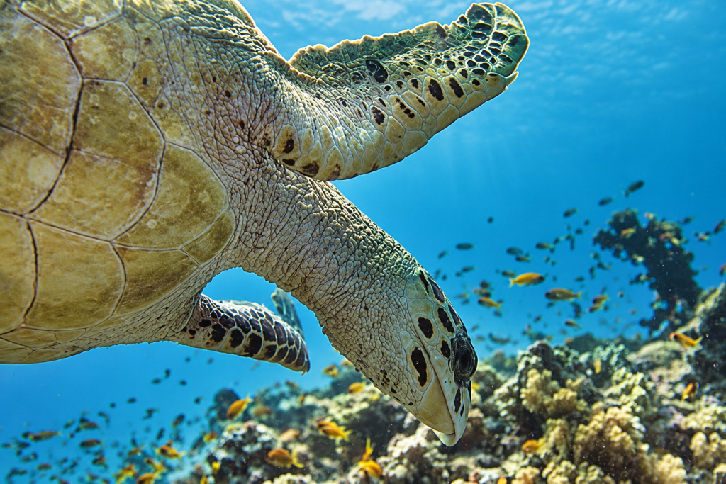 Sea turtle gliding above coral