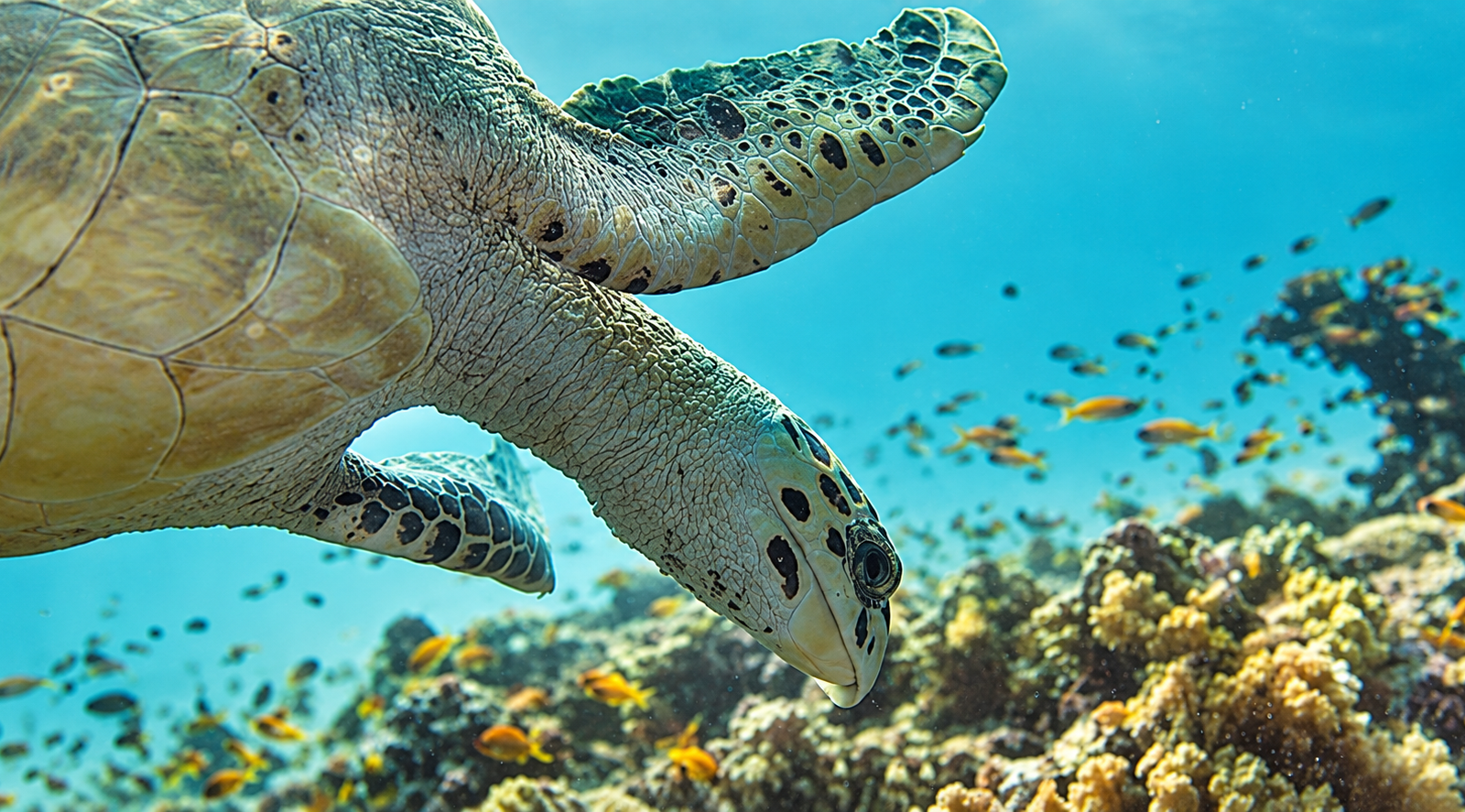 Sea turtle gliding through blue water