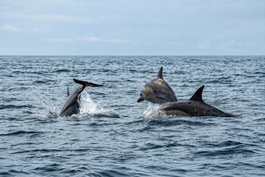 Three dolphins in calm ocean waves