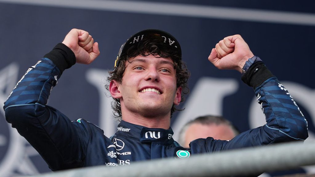 Antonelli celebrates on the podium at the Circuit of The Americas. He can clinch his first world title at the Mexico City Grand Prix next Sunday.