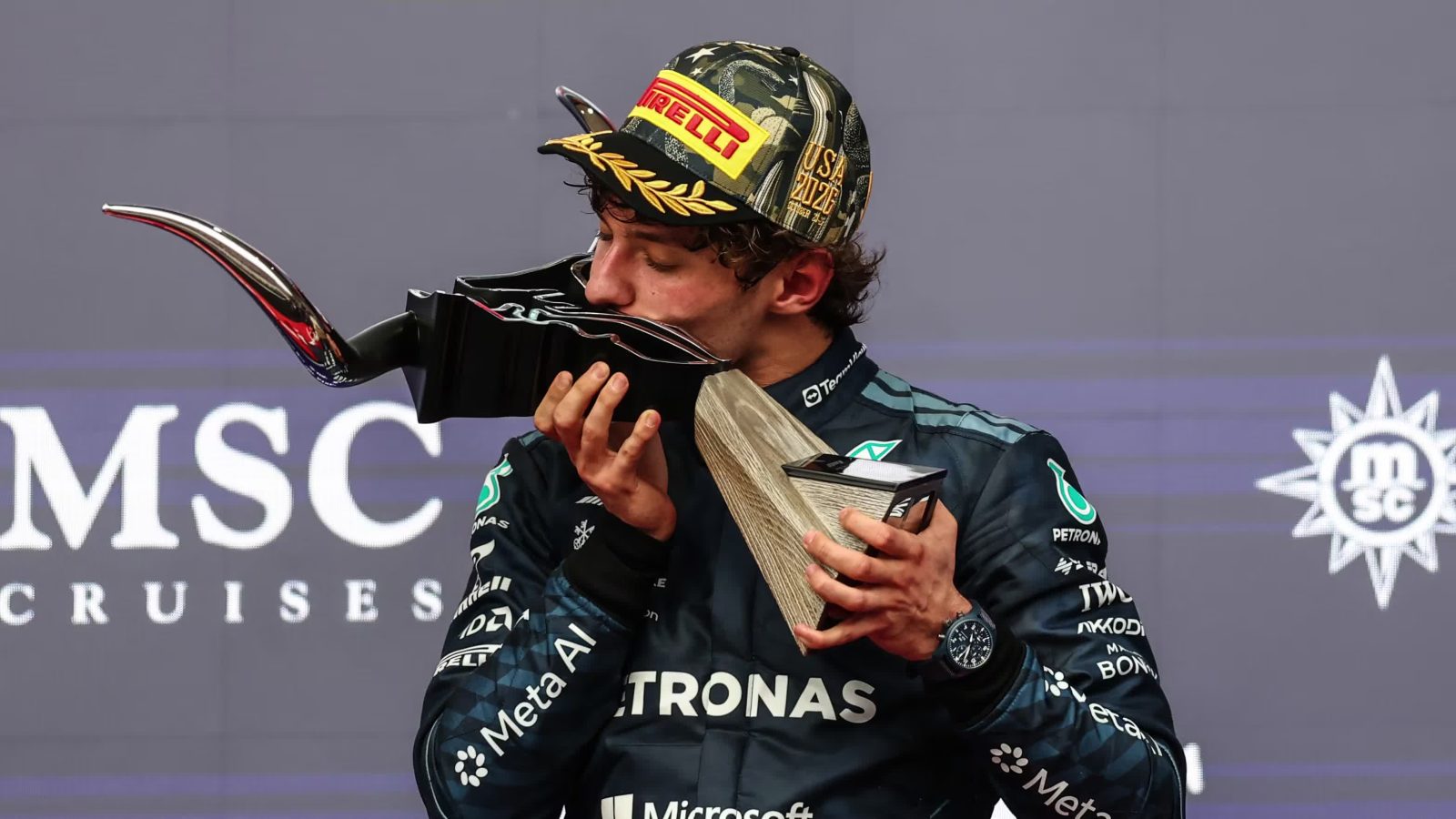 Kimi Antonelli kisses the winner’s trophy after taking victory from pole at the United States Grand Prix in Austin on Sunday. The Mercedes driver now leads the championship by 123 points.