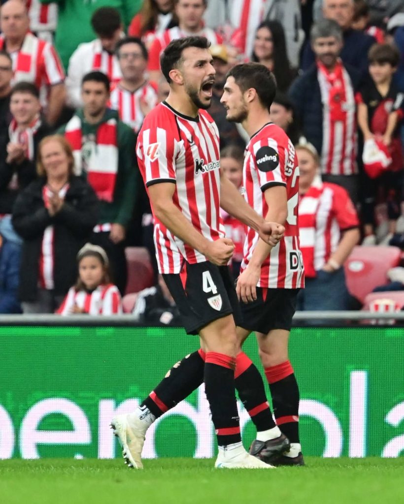 Athletic Club’s Aitor Paredes celebrates during the 4-0 win over Getafe at San Mamés, in which he scored with a 70th-minute header and Ghana international Iñaki Williams got his first goal of the season.