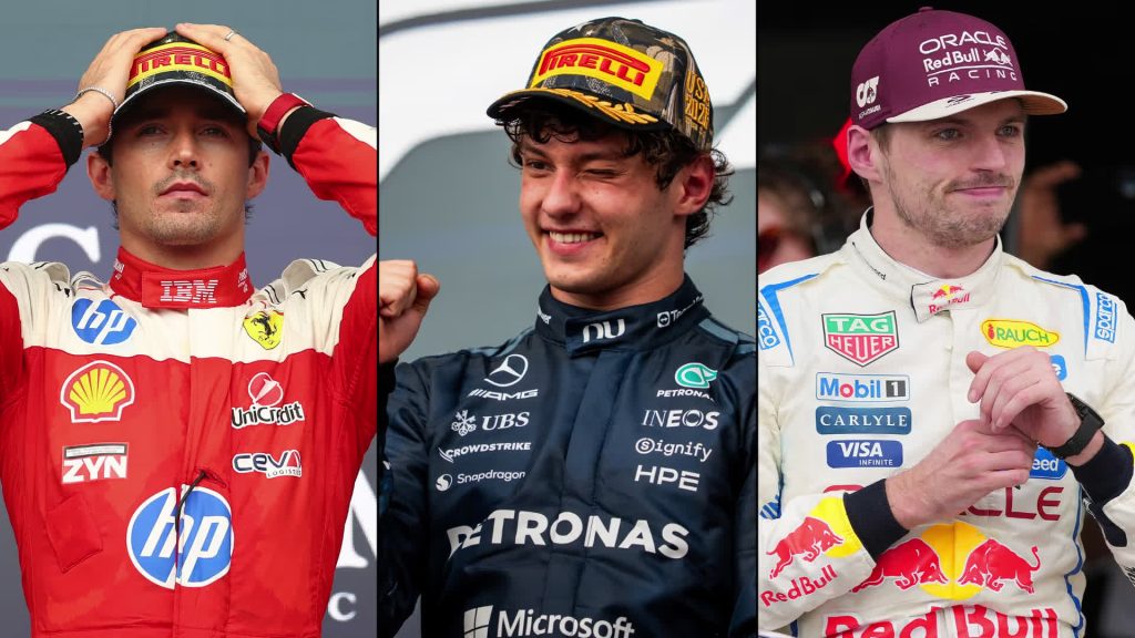 The United States Grand Prix podium, from left: Charles Leclerc (second), Kimi Antonelli (winner) and Max Verstappen (third).