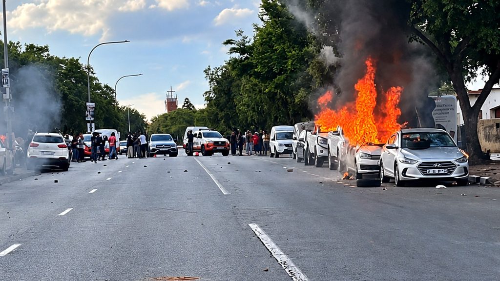Parked cars burn on a street during violent protests over access to the asylum system this week.