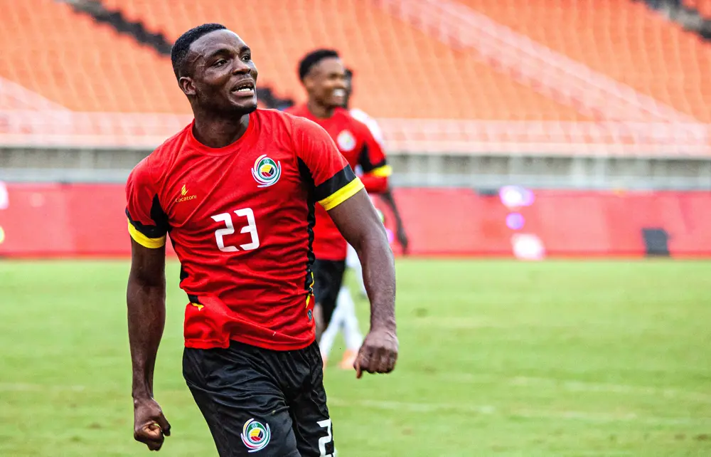 Chamito Loborino Alfandega of Mozambique runs to celebrate his goal during the 2027 Africa Cup of Nations qualifier game between Mozambique and Sudan