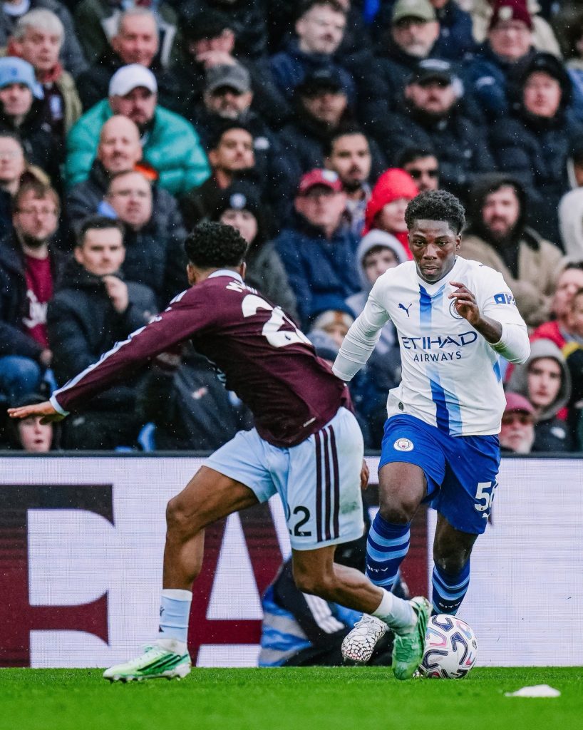 A Manchester City player takes on an Aston Villa defender during Saturday’s match at Villa Park, where City had 63% of possession but lost 2-1.