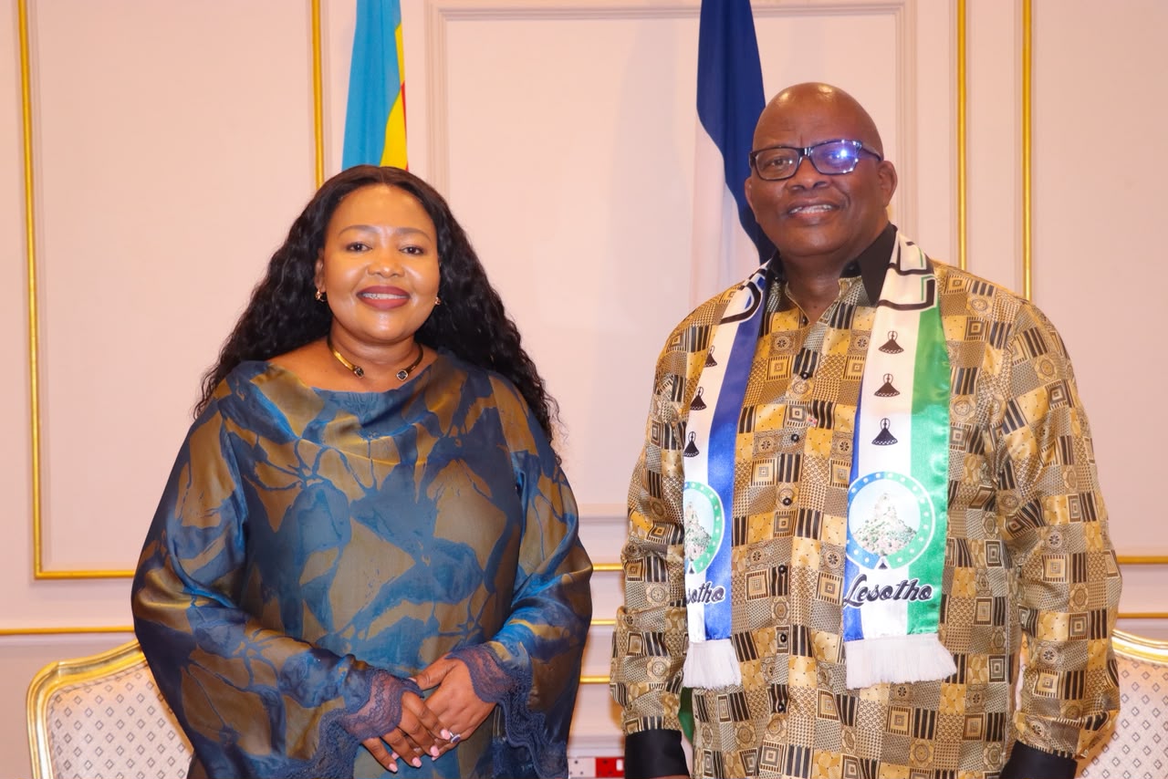 Eswatini's Minister of Foreign Affairs and International Cooperation, Senator Pholile Shakantu, with Lesotho's Minister of Foreign Affairs and International Relations, Limpho Justice Tau, during his courtesy call in Mbabane.