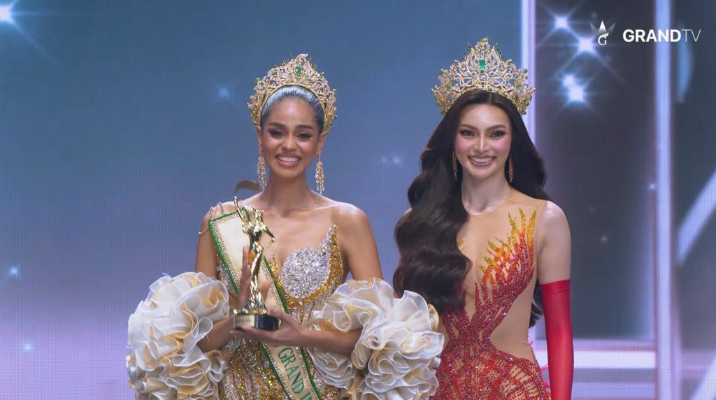 Dimack, the new Miss Grand International, poses with Emma Tiglao, Miss Grand International 2025, after the handover.