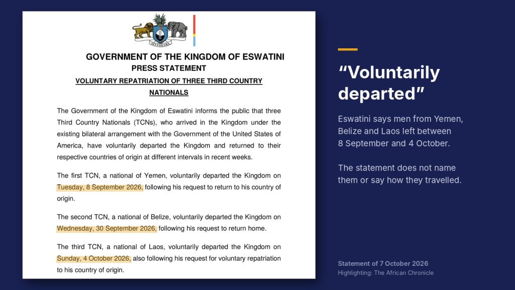 The Eswatini government's statement of 7 October 2026 announcing the voluntary departure of three Third Country Nationals deported to the kingdom by the United States.