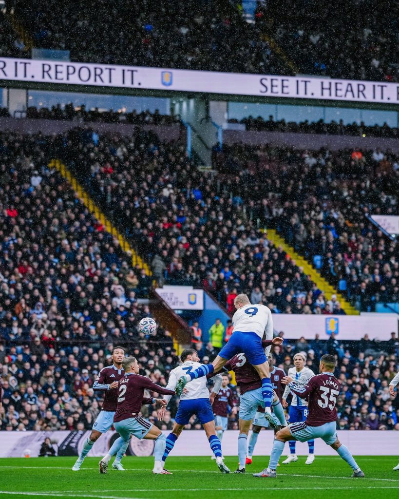 Erling Haaland rises above the Aston Villa defence at Villa Park. The Manchester City striker headed in a 52nd-minute equaliser from Iliman Ndiaye’s cross, but City still suffered their first league defeat of the season.