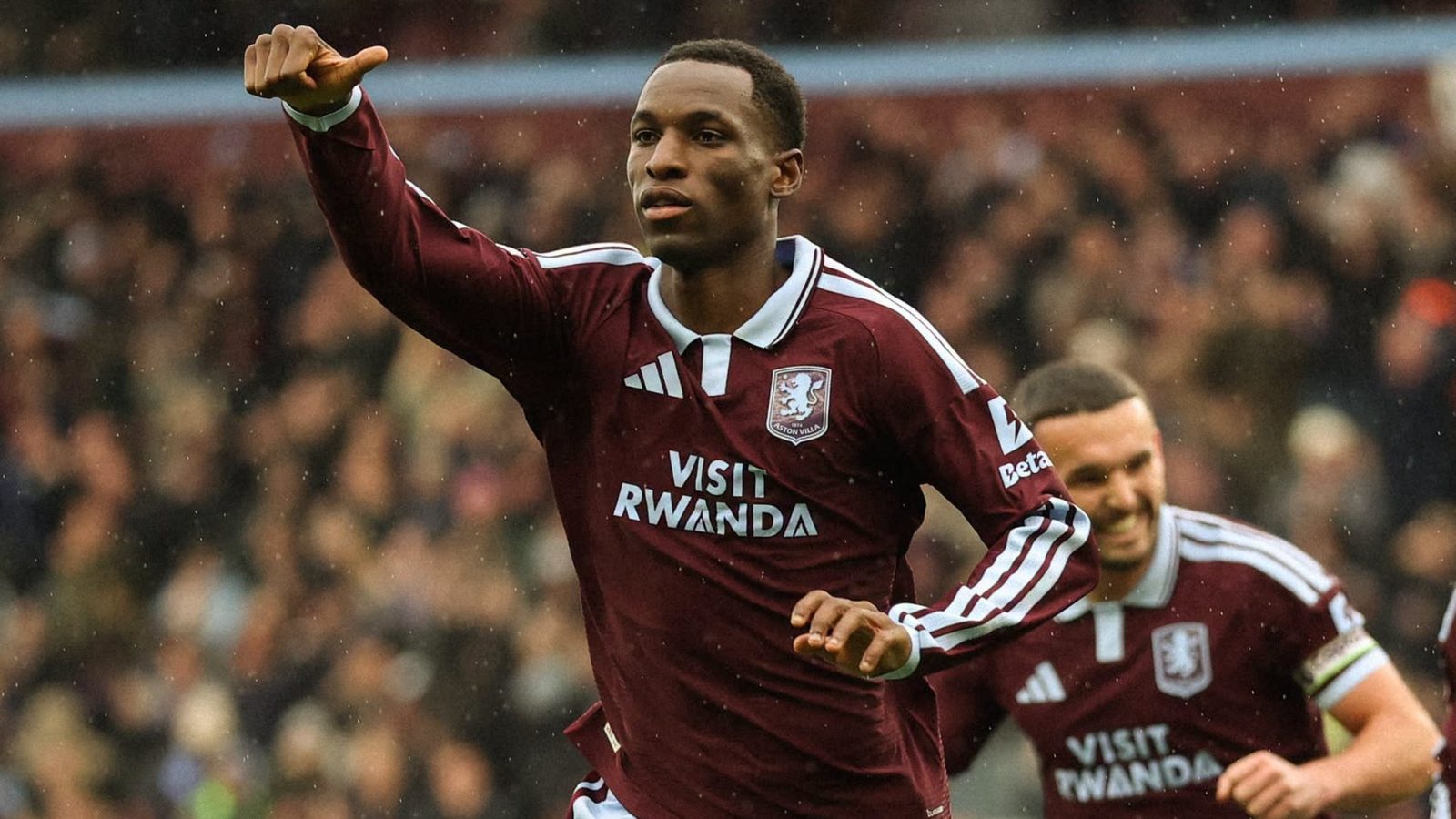 Senegal striker Nicolas Jackson celebrates after scoring for Aston Villa in their 2-1 win over Manchester City at Villa Park on Saturday, with captain John McGinn following. Jackson scored both Villa goals.