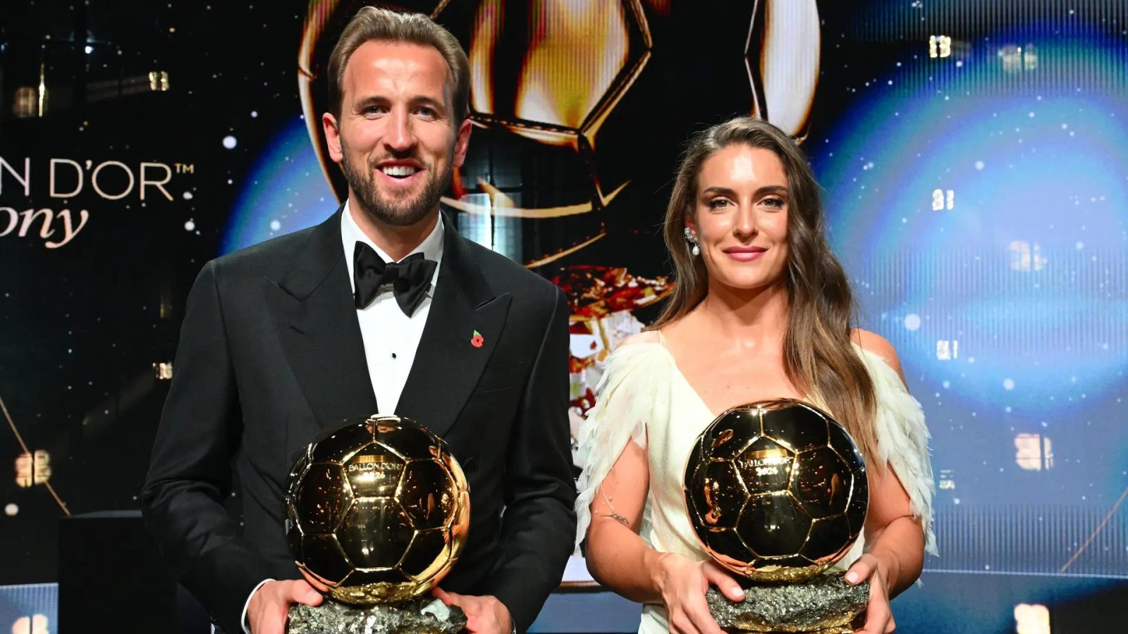 England captain Harry Kane and Spain’s Alexia Putellas with their Ballon d’Or trophies at the London Palladium on Monday night. Kane became the first Englishman to win the award since Michael Owen in 2001, while Putellas won the women’s award for a third time.