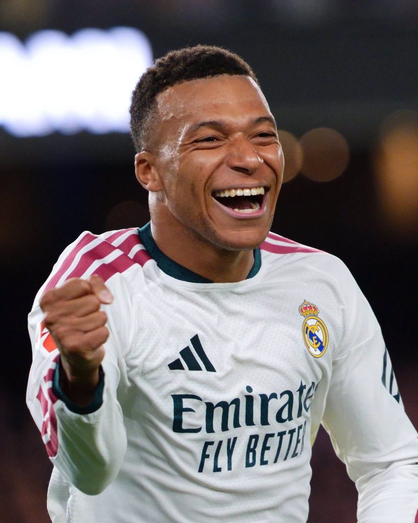 Mbappé celebrates during the Clásico. According to Opta, he has scored five goals in two away appearances against Barcelona as a Madrid player.