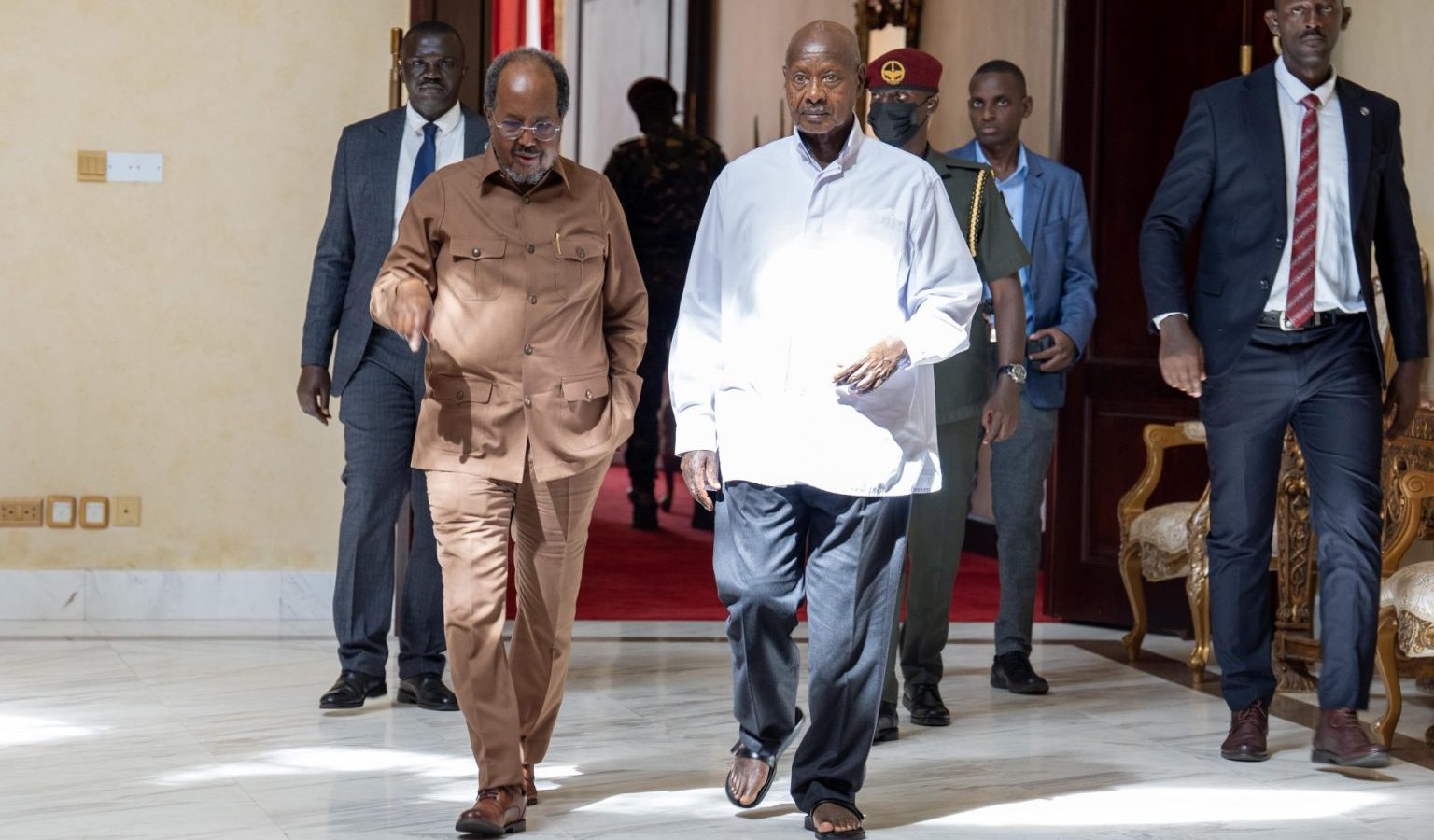 Somali President Hassan Sheikh Mohamud (left) and Ugandan President Yoweri Museveni at State House, Entebbe, on Monday, where they discussed the fight against Al-Shabaab, Uganda’s military presence in Somalia and a direct route for Ugandan coffee into the Somali market.