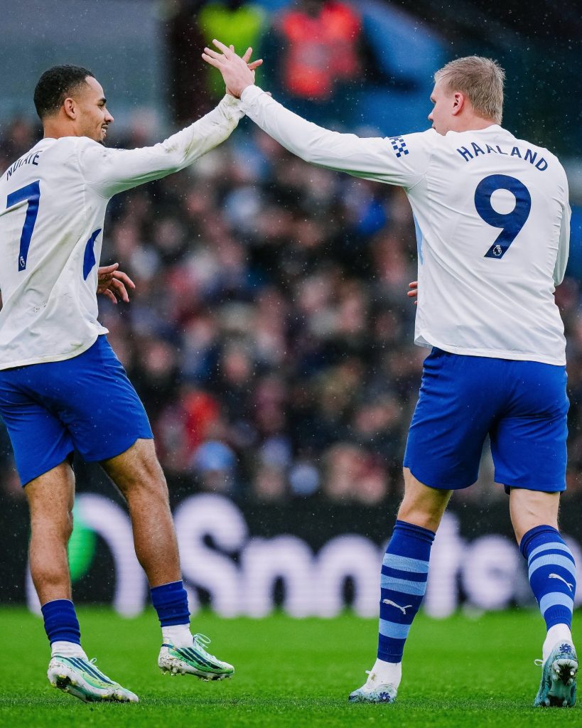 Senegal’s Iliman Ndiaye and Erling Haaland celebrate City’s equaliser, which Haaland headed in from Ndiaye’s cross.