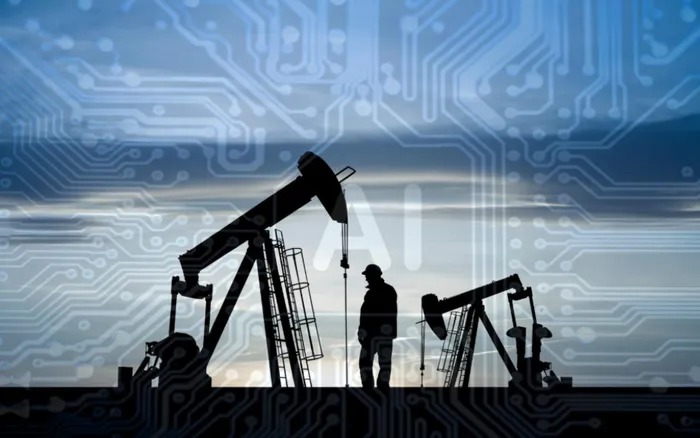 An illustration of oil pumpjacks against a circuit-board pattern, representing Libya's push to bring artificial intelligence and digital technology into its oilfields as it targets two million barrels of crude a day.