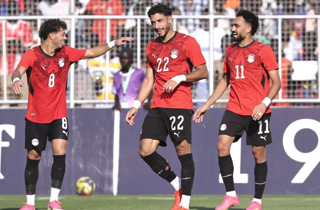 Omar Marmoush of Egypt celebrates goal with teammates during the 2027 Africa Cup of Nations qualifier between South Sudan and Egypt