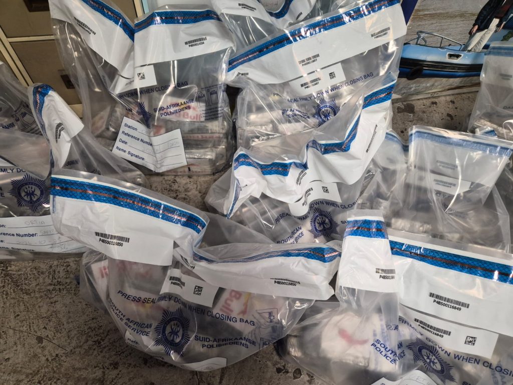 Sealed SAPS evidence bags containing the cocaine consignment intercepted at OR Tambo International Airport. Police put the street value of the drugs at more than R200 million.