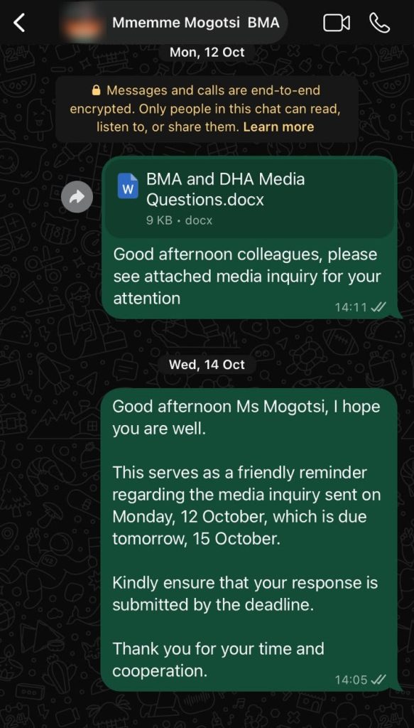 Questions sent to Mmemme Mogotsi at the Border Management Authority on 12 October, and a reminder on 14 October.
