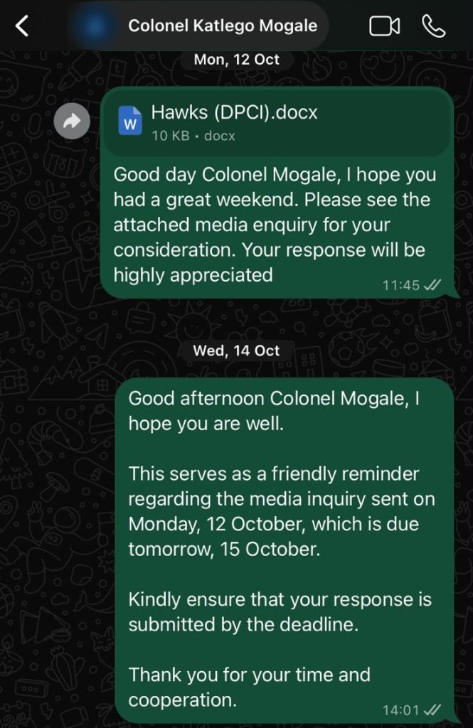 Questions sent to Hawks spokesperson Colonel Katlego Mogale on 12 October, and a reminder on 14 October. No answer had been received by 22 October.