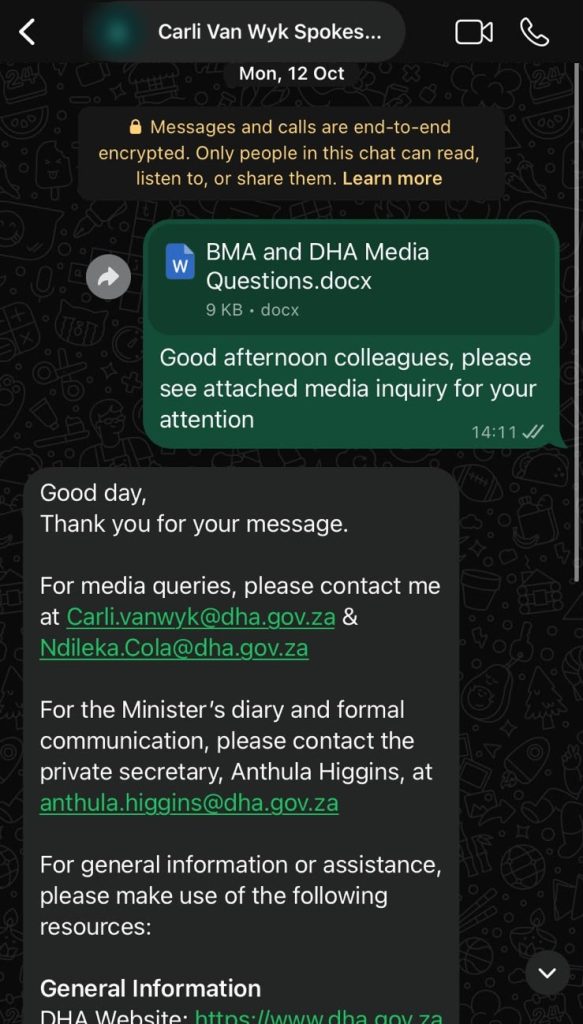 Questions sent to Carli van Wyk, spokesperson to the Minister of Home Affairs, on 12 October. Her office replied with the addresses for media queries.