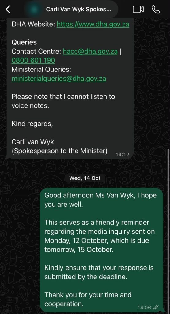 A reminder sent to the Home Affairs spokesperson on 14 October.