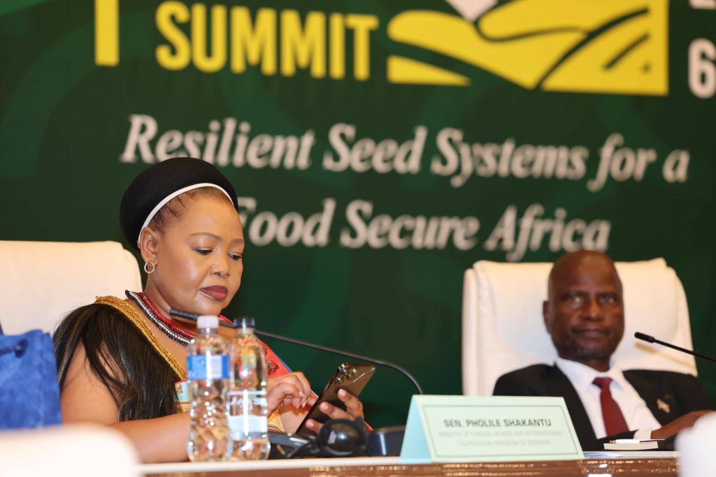 Minister of Foreign Affairs and International Cooperation Senator Pholile Shakantu at the summit, held under the theme “Resilient Seed Systems for a Food Secure Africa”.